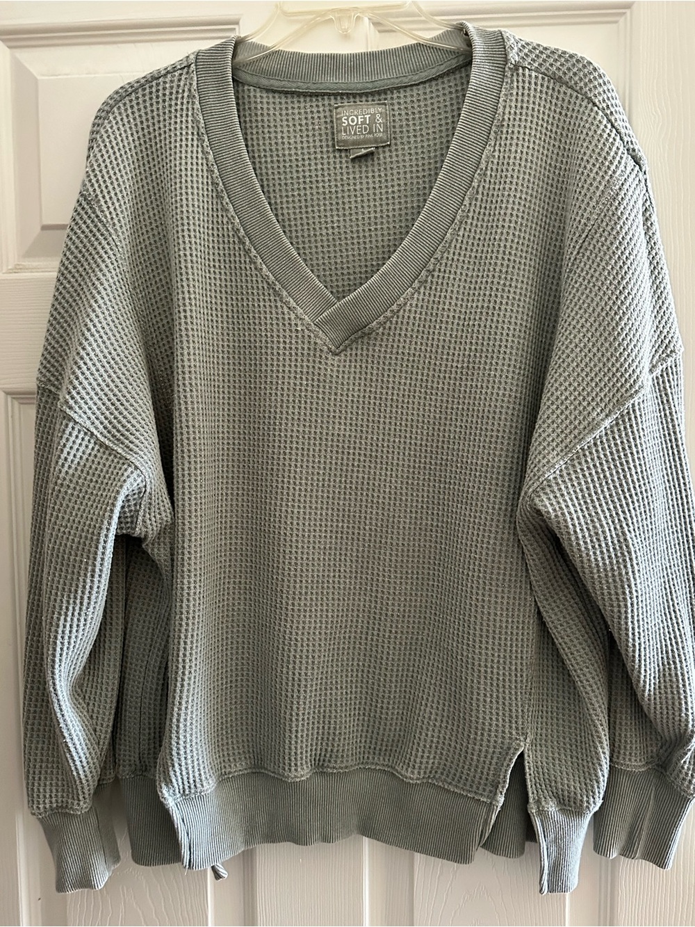 Sage Green V-Neck Waffle Knit Sweater